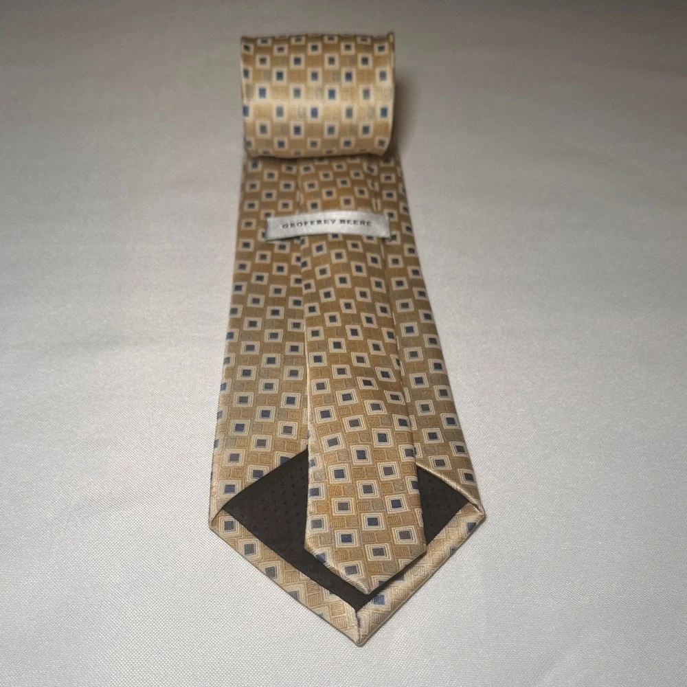 Geoffrey Beene Beige and Blue Square Pattern Handmade Silk Tie